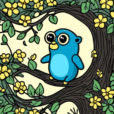 In a tree, the character Go Blue Gopher, with flowers instead of arms, has yellow flowers.