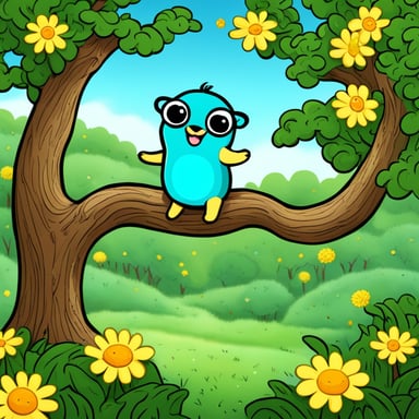 In a tree, the character Go Blue Gopher, with flowers instead of arms, has yellow flowers.