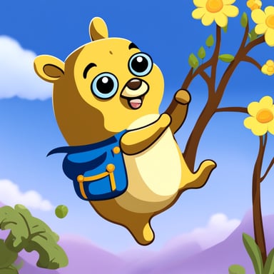 In a tree, the character Go Blue Gopher, with flowers instead of arms, has yellow flowers.