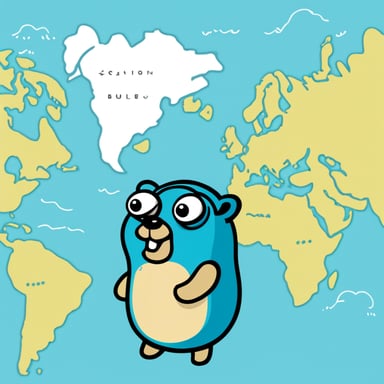 A go blue gopher experiencing wanderlust, stands before a map dotted with dream destinations, excited to explore the world.