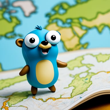 A go blue gopher experiencing wanderlust, stands before a map dotted with dream destinations, excited to explore the world.