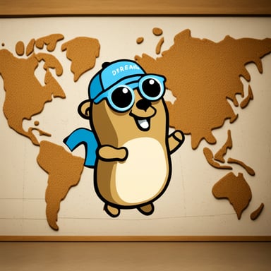 A go blue gopher experiencing wanderlust, stands before a map dotted with dream destinations, excited to explore the world.