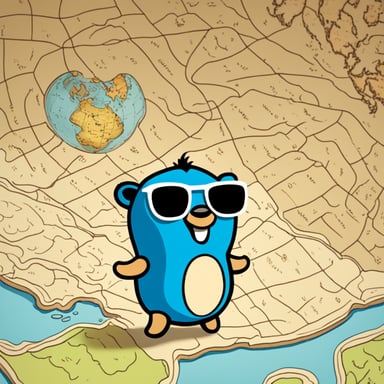 A go blue gopher experiencing wanderlust, stands before a map dotted with dream destinations, excited to explore the world.