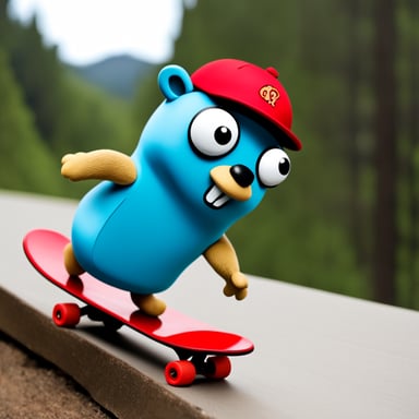 Go blue gopher wearing a red hat skateboarding down a hill.