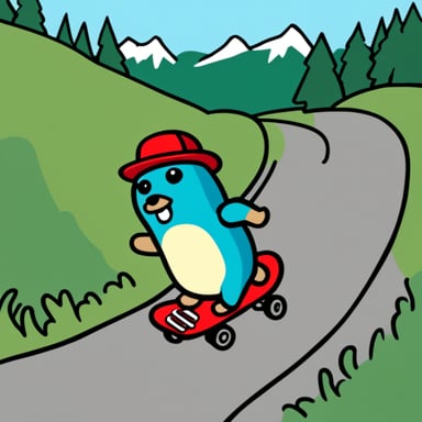 Go blue gopher wearing a red hat skateboarding down a hill.