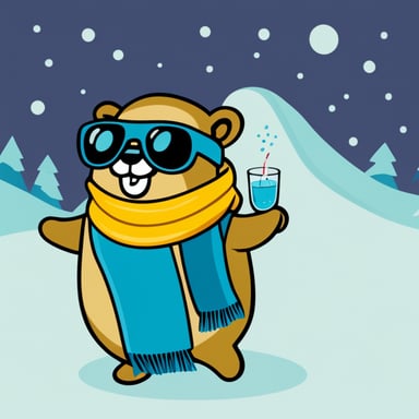 Go Blue Gopher dropping into a big halfpipe, drinking martinis, and wearing a scarf saying creativefabrica.