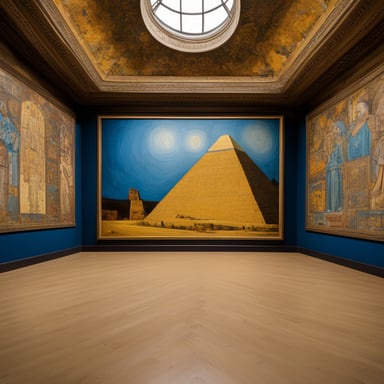 Inside the pyramid, go blue gopher marvels at the ancient gopher paintings adorning the walls.