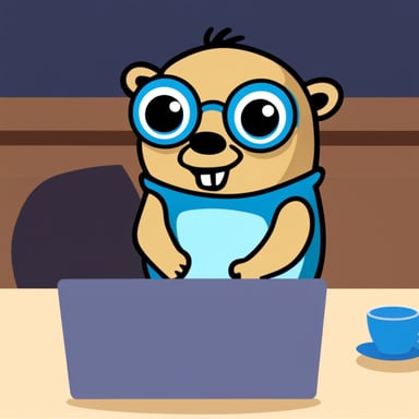 Female Go Blue Gopher with computer.