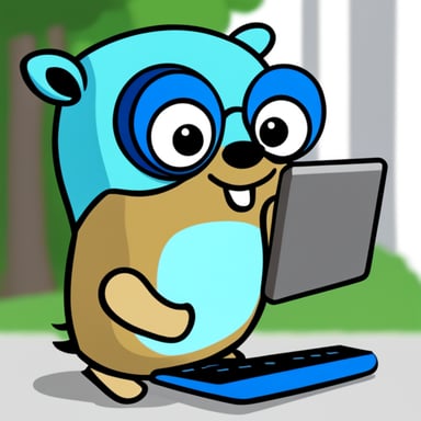 Female Go Blue Gopher with computer.