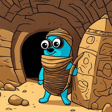 Go Blue Gopher is exploring as a mummy inside a sarcophagus in Egypt.