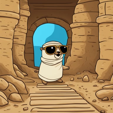 Go Blue Gopher is exploring as a mummy inside a sarcophagus in Egypt.