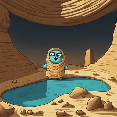 Go Blue Gopher is exploring as a mummy inside a sarcophagus in Egypt.