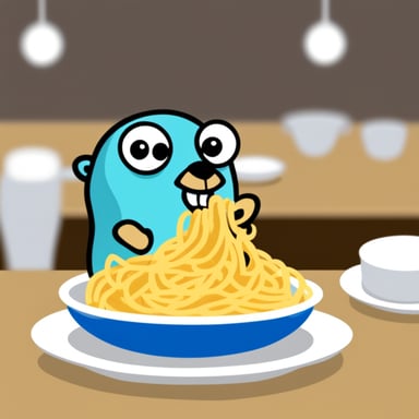 Go Blue Gopher eating spaghetti.