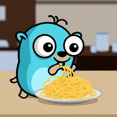Go Blue Gopher eating spaghetti.