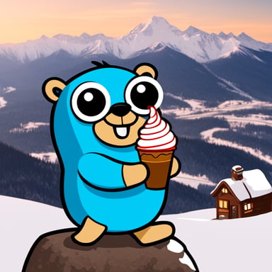 Go Blue Gopher is on a snowy mountain, enjoying ice cream with a gondola in the background.