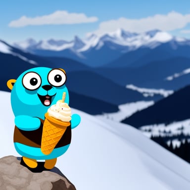Go Blue Gopher is on a snowy mountain, enjoying ice cream with a gondola in the background.
