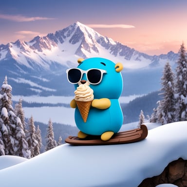 Go Blue Gopher is on a snowy mountain, enjoying ice cream with a gondola in the background.