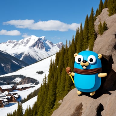 Go Blue Gopher is on a snowy mountain, enjoying ice cream with a gondola in the background.