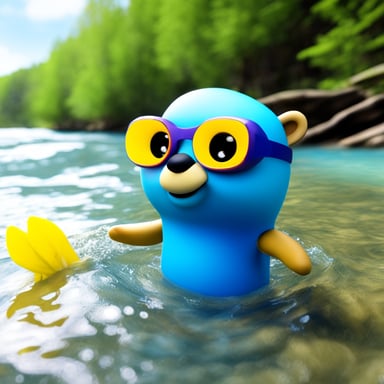 3D image of Go Blue Gopher swimming in the clear water river with snorkeling goggles.