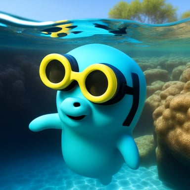 3D image of Go Blue Gopher swimming in the clear water river with snorkeling goggles.
