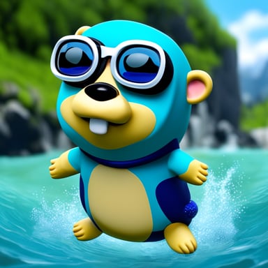 3D image of Go Blue Gopher swimming in the clear water river with snorkeling goggles.
