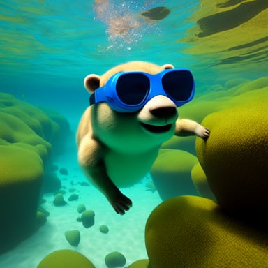 3D image of Go Blue Gopher swimming in the clear water river with snorkeling goggles.