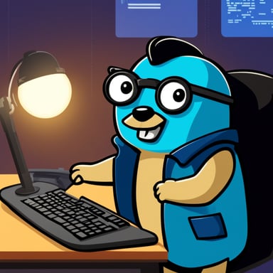 Go Blue Gopher as a software engineer in front of a computer in the style of Hackerman.