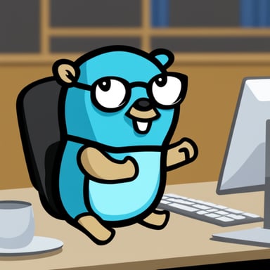 Go Blue Gopher as a software engineer in front of a computer in the style of Hackerman.