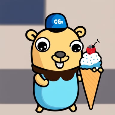 Go Blue Gopher smiling eating ice cream.