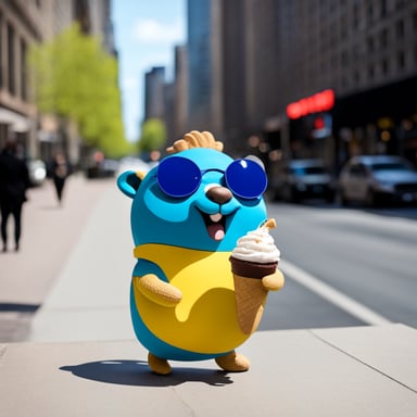 Go Blue Gopher is seen eating ice cream in the city, enjoying a sunny day.