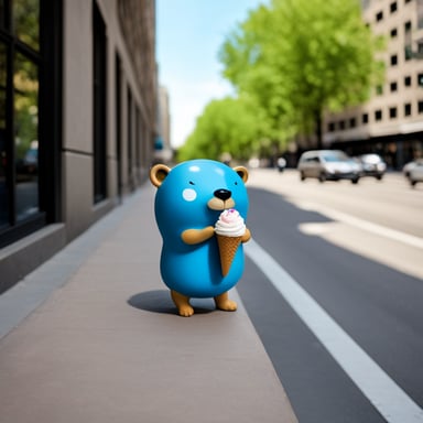 Go Blue Gopher is seen eating ice cream in the city, enjoying a sunny day.