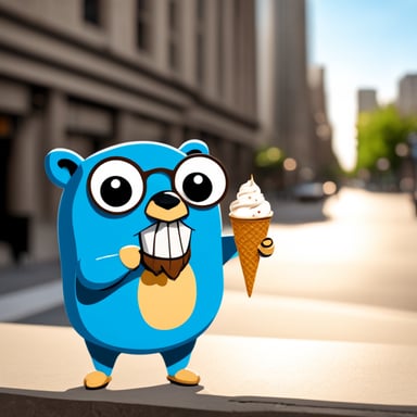 Go Blue Gopher is seen eating ice cream in the city, enjoying a sunny day.