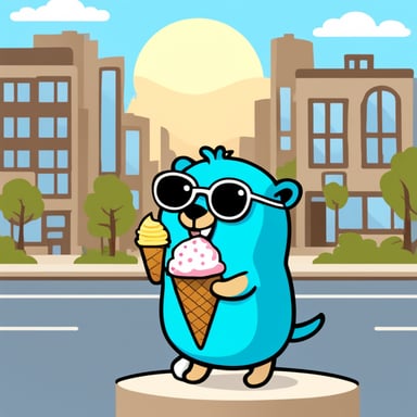 Go Blue Gopher is seen eating ice cream in the city, enjoying a sunny day.