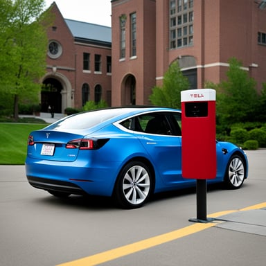 Go blue gopher drives a Tesla Model 3.
