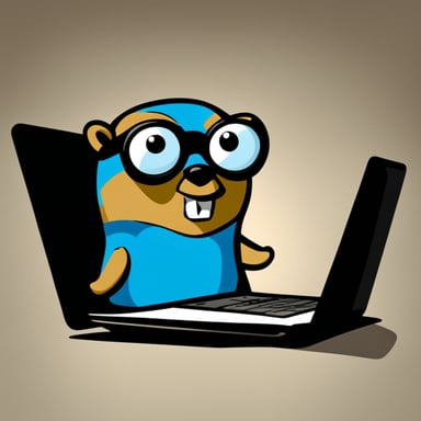 Go Blue Gopher is sitting behind a laptop, looking ready to tackle the next task.