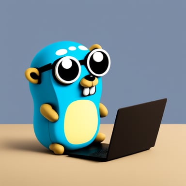 Go Blue Gopher is sitting behind a laptop, looking ready to tackle the next task.