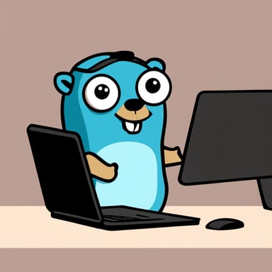 Go Blue Gopher is sitting behind a laptop, looking ready to tackle the next task.