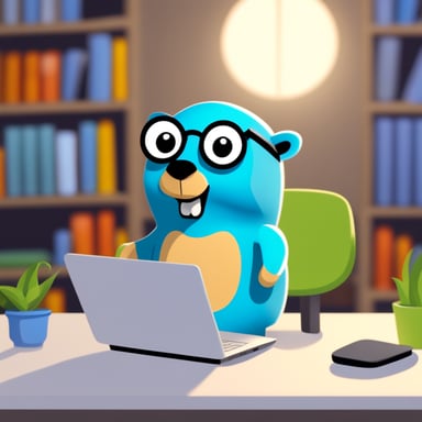 Go Blue Gopher is sitting behind a laptop, looking ready to tackle the next task.