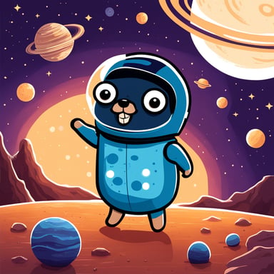 Go Blue Gopher explores space, discovering new planets and stars.