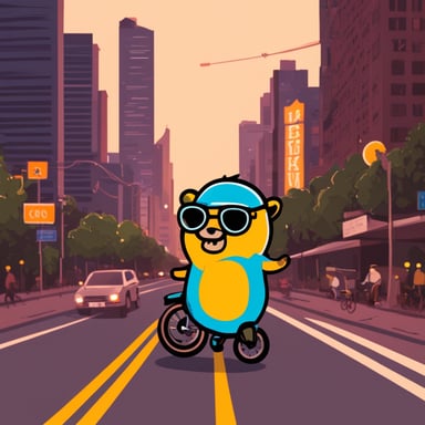Go Blue Gopher rides a bike through downtown Bangkok.