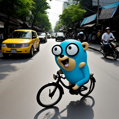 Go Blue Gopher rides a bike through downtown Bangkok.