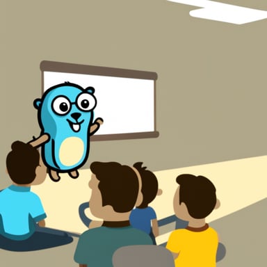 Go Blue Gopher watching a presentation.