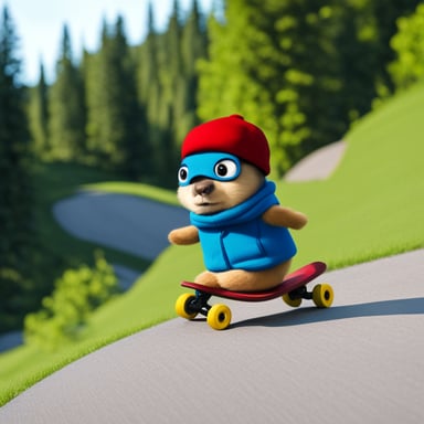 Go Blue Gopher skateboarding down the hill in a red cap.