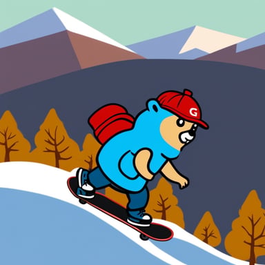 Go Blue Gopher skateboarding down the hill in a red cap.