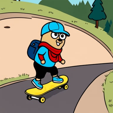 Go Blue Gopher skateboarding down the hill in a red cap.