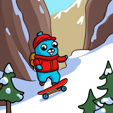 Go Blue Gopher skateboarding down the hill in a red cap.