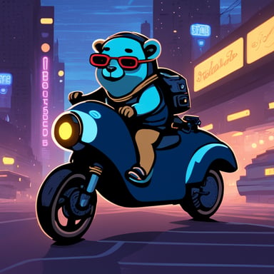 A go blue gopher in a cyberpunk city, riding a neon-lit hoverbike.