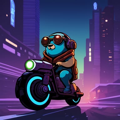 A go blue gopher in a cyberpunk city, riding a neon-lit hoverbike.