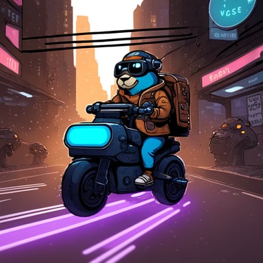 A go blue gopher in a cyberpunk city, riding a neon-lit hoverbike.