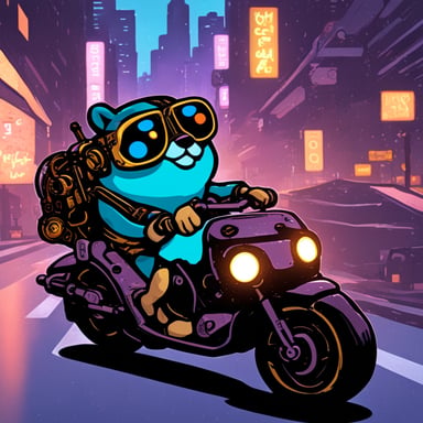 A go blue gopher in a cyberpunk city, riding a neon-lit hoverbike.